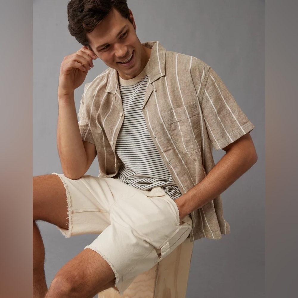 American Eagle Outfitters Poolside Linen-Blend Striped Button Up Shirt Size: XXL